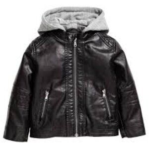 H&M Vegan Faux Leather Black Biker Jacket Gray Detachable Hood Toddler 4T 4 YRS
